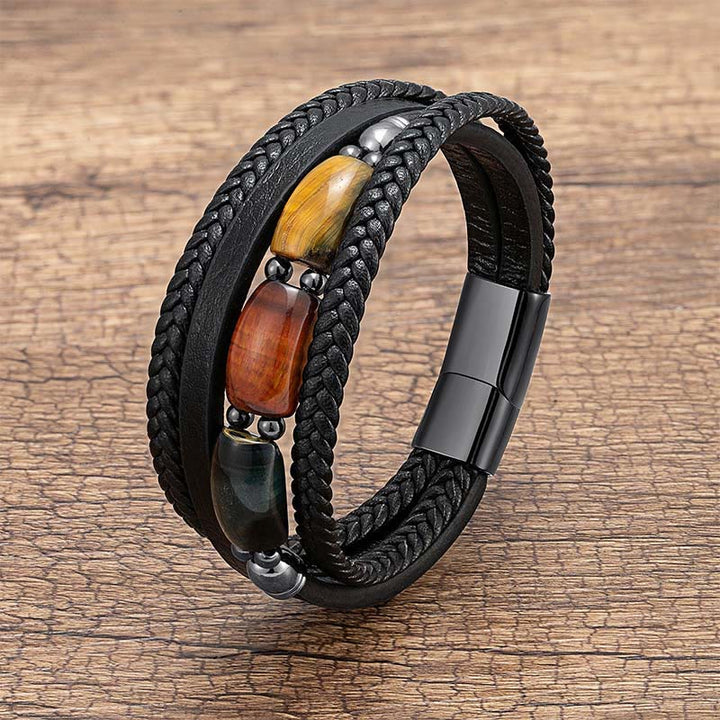 Buddha Stones天然タイガーアイ グリーンタイガーアイ レッドタイガーアイ レザー強化ブレスレット - タイガーアイの3色 - 18～22cm - image 0