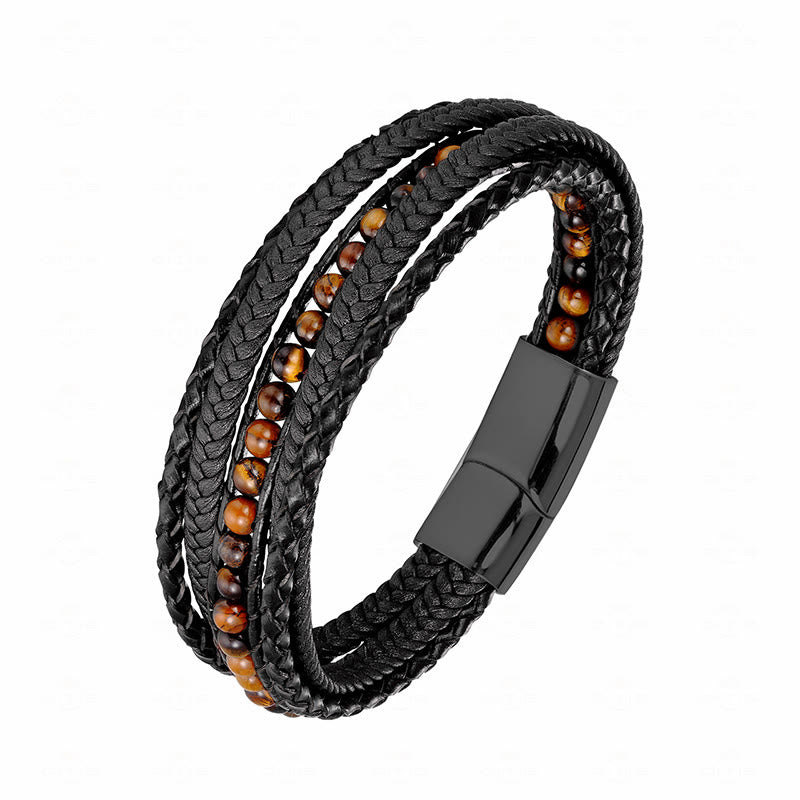 Buddha Stonesヘマタイト インド瑪瑙 タイガーアイ アマゾナイト ビーズ レザー 強化ブレスレット - タイガーアイブラックバックル - 18～22cm - image 20