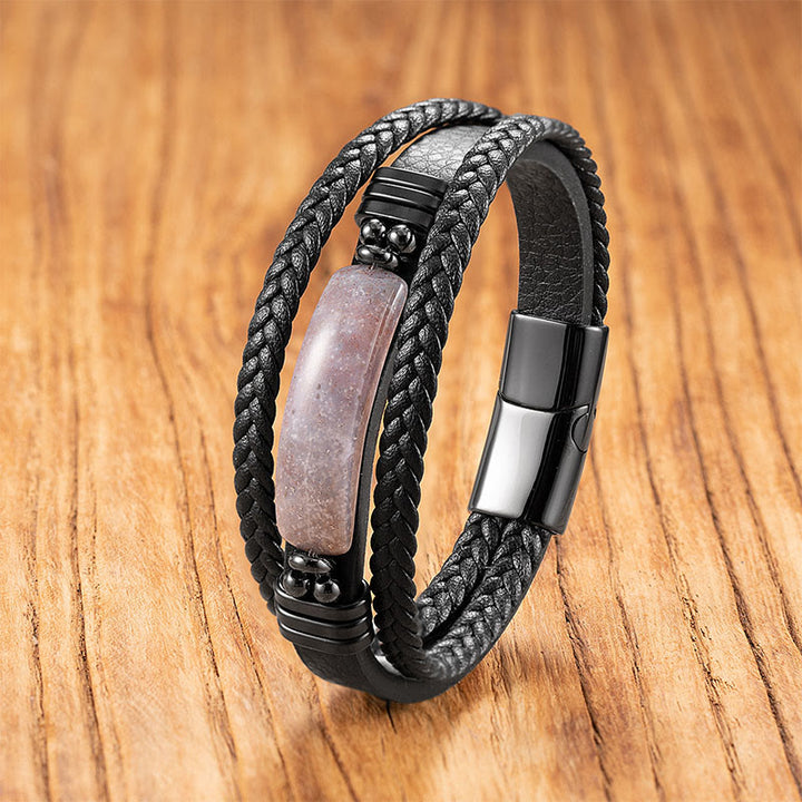 Buddha Stonesヘマタイト ラズライト ラピスラズリ ブラック グリッターストーン ピンククリスタル チタンスチール レザー 強化ブレスレット - ピンクアゲート - 18～22cm - image 24