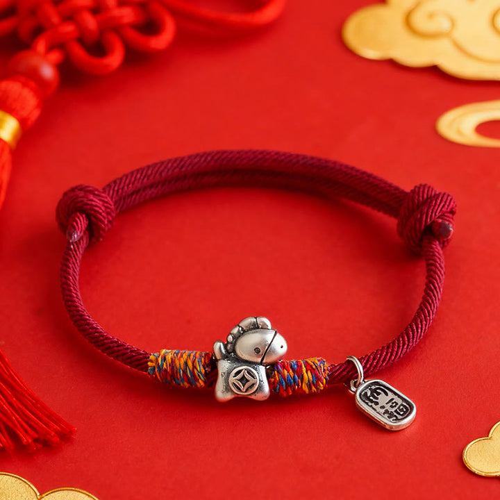 Buddha Stones999 スターリングシルバー 馬年福字 幸運を引き寄せる幸運繁栄ロープ幸運ブレスレット - image 0