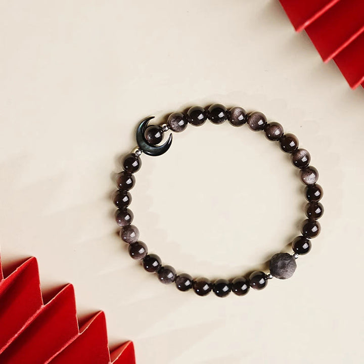 Buddha Stones月のデザイン 天然銀光沢黒曜石 守護ビーズブレスレット - image 2