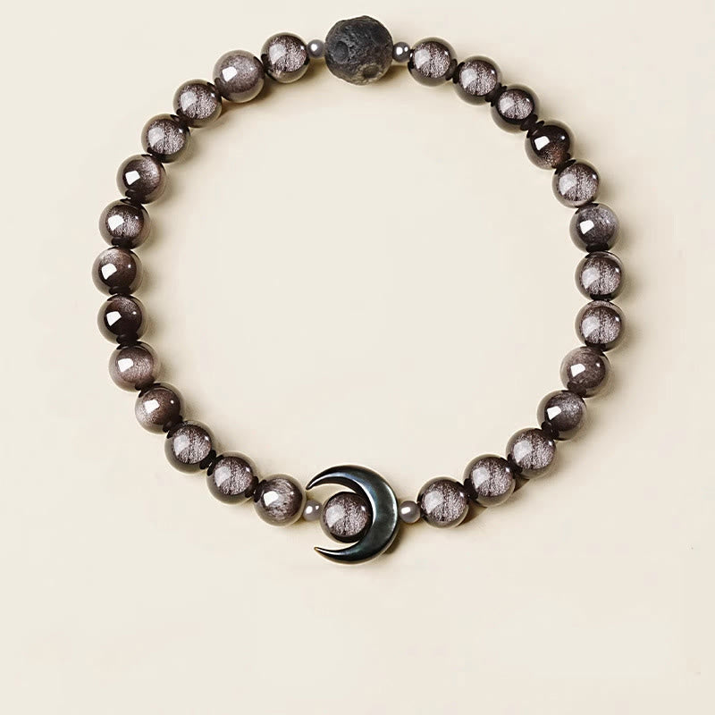 Buddha Stones月のデザイン 天然銀光沢黒曜石 守護ビーズブレスレット - image 3