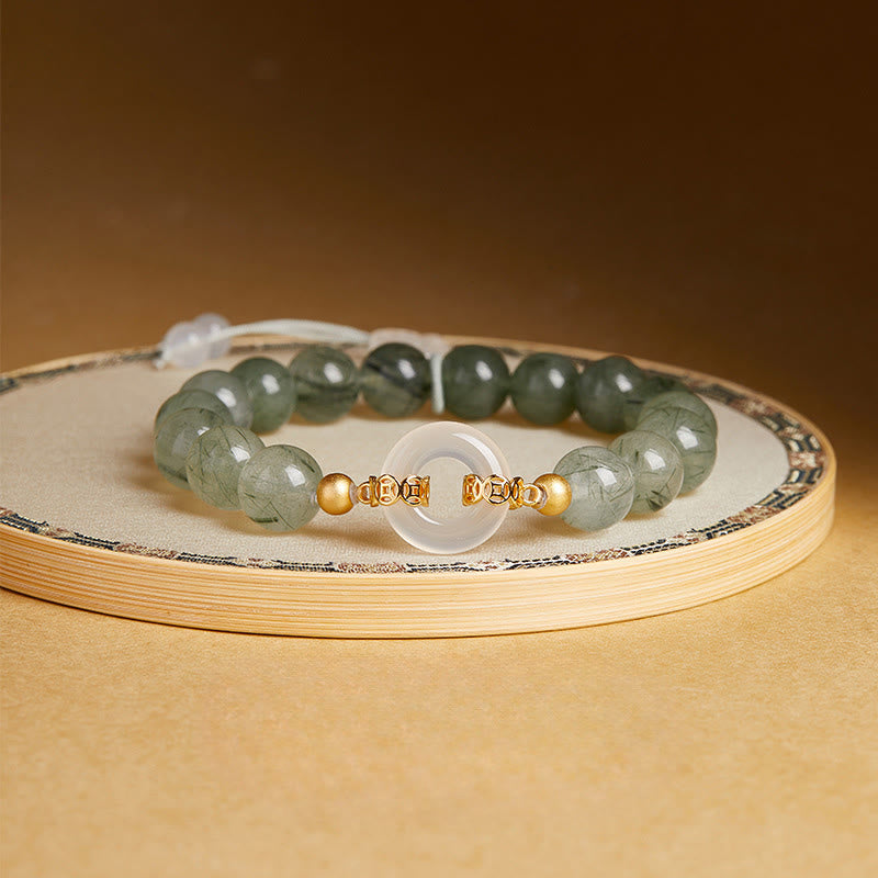 Buddha Stones 925スターリングシルバー グリーンルチルクォーツ ホワイトカルセドニー平和のお守りチャーム勇気ブレスレット - グリーンルチルクォーツ（手首周り：15～17cm） - image 0