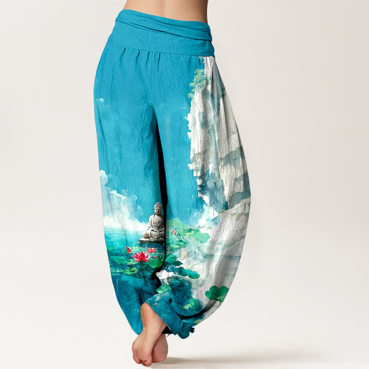 Buddha Stonesコットン 蓮の花 葉 岩 水面 雲 仏陀柄 レディース 伸縮性ウエスト ハーレムパンツ - image 1