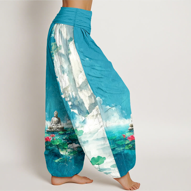 Buddha Stonesコットン 蓮の花 葉 岩 水面 雲 仏陀柄 レディース 伸縮性ウエスト ハーレムパンツ - image 2