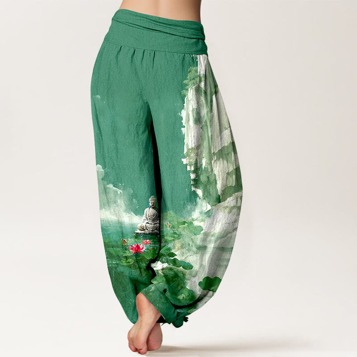Buddha Stonesコットン 蓮の花 葉 岩 水面 雲 仏陀柄 レディース 伸縮性ウエスト ハーレムパンツ - image 6