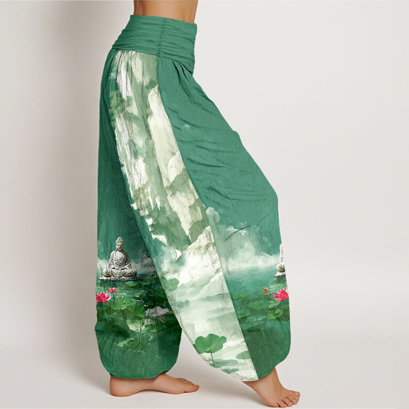 Buddha Stonesコットン 蓮の花 葉 岩 水面 雲 仏陀柄 レディース 伸縮性ウエスト ハーレムパンツ - image 7