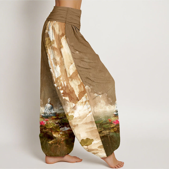Buddha Stonesコットン 蓮の花 葉 岩 水面 雲 仏陀柄 レディース 伸縮性ウエスト ハーレムパンツ - image 10