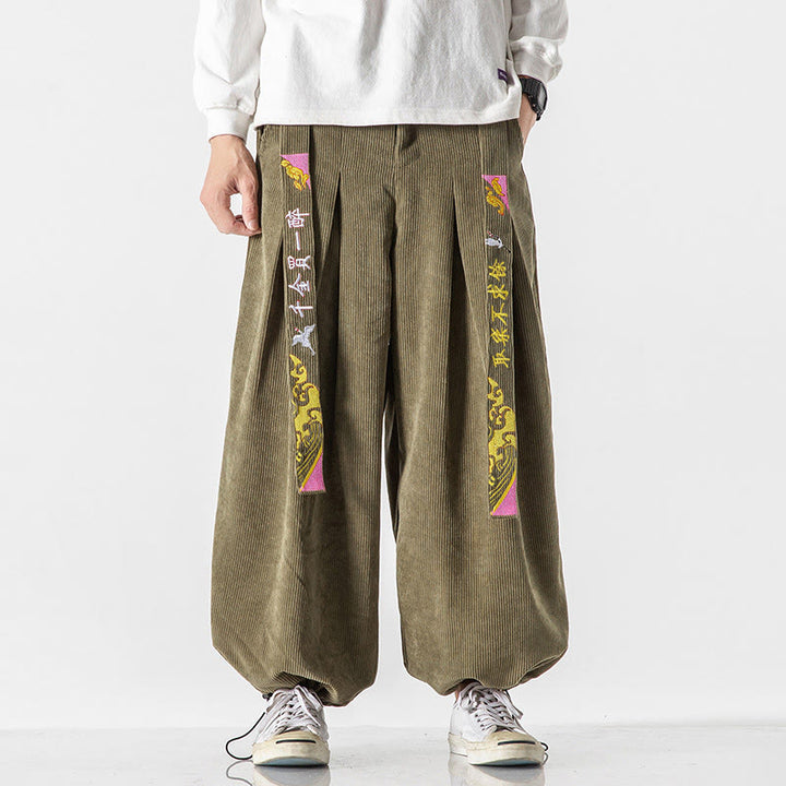 Buddha Stones秋冬 レースアップ 漢字刺繍 メンズ コーデュロイパンツ ポケット付き - オリーブドラブ - US/UK/AU46、 EU56 (5XL) - image 8