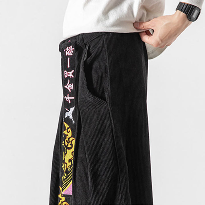 Buddha Stones秋冬 レースアップ 漢字刺繍 メンズ コーデュロイパンツ ポケット付き - image 2