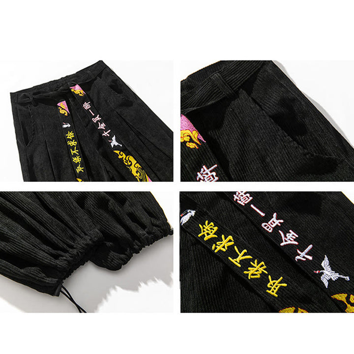 Buddha Stones秋冬 レースアップ 漢字刺繍 メンズ コーデュロイパンツ ポケット付き - image 4