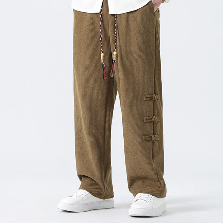 Buddha Stones秋冬 無地 フロッグボタン メンズ ドローストリング コーデュロイ ストレートレッグパンツ ポケット付き - image 2
