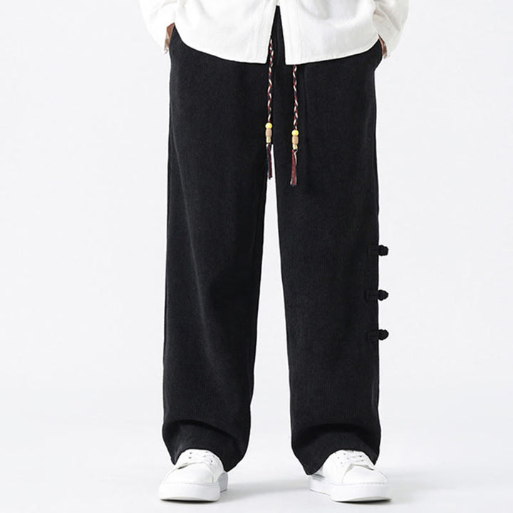 Buddha Stones秋冬 無地 フロッグボタン メンズ ドローストリング コーデュロイ ストレートレッグパンツ ポケット付き - 黒 - US/UK/AU46、 EU56 (5XL) - image 12