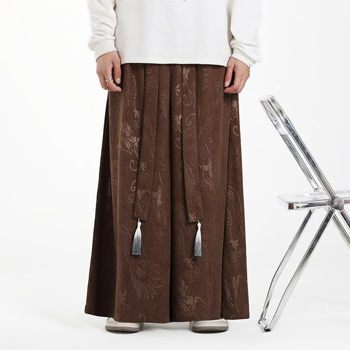 Buddha Stonesドラゴン ジャカード ドローストリングデザイン メンズ コーデュロイ ワイドレッグパンツ ポケット付き - image 5