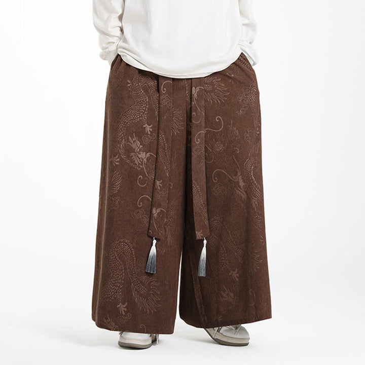 Buddha Stonesドラゴン ジャカード ドローストリングデザイン メンズ コーデュロイ ワイドレッグパンツ ポケット付き - image 3