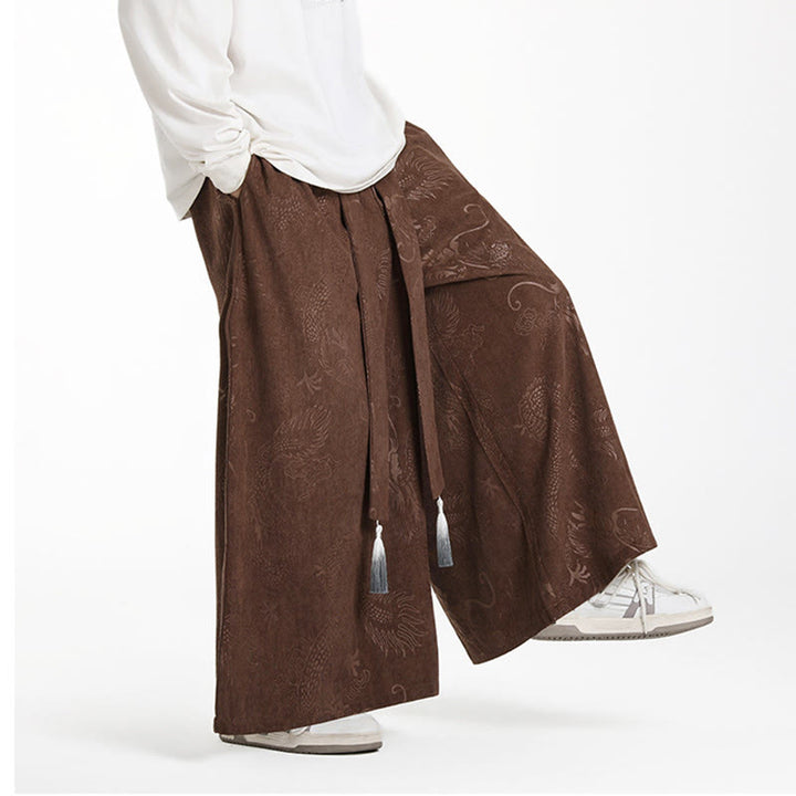 Buddha Stonesドラゴン ジャカード ドローストリングデザイン メンズ コーデュロイ ワイドレッグパンツ ポケット付き - image 6