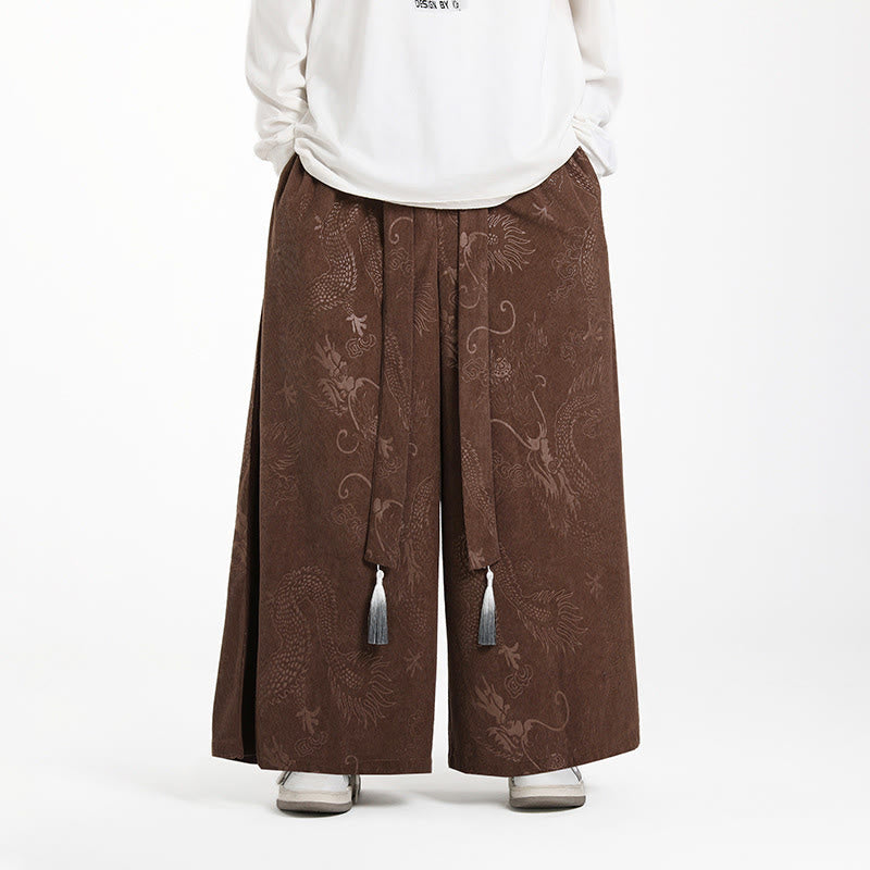 Buddha Stonesドラゴン ジャカード ドローストリングデザイン メンズ コーデュロイ ワイドレッグパンツ ポケット付き - サドルブラウン - US/UK/AU46、 EU56 (5XL) - image 0