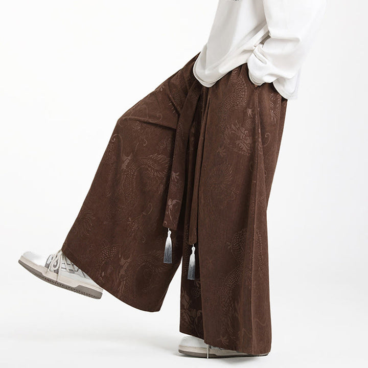 Buddha Stonesドラゴン ジャカード ドローストリングデザイン メンズ コーデュロイ ワイドレッグパンツ ポケット付き - image 7