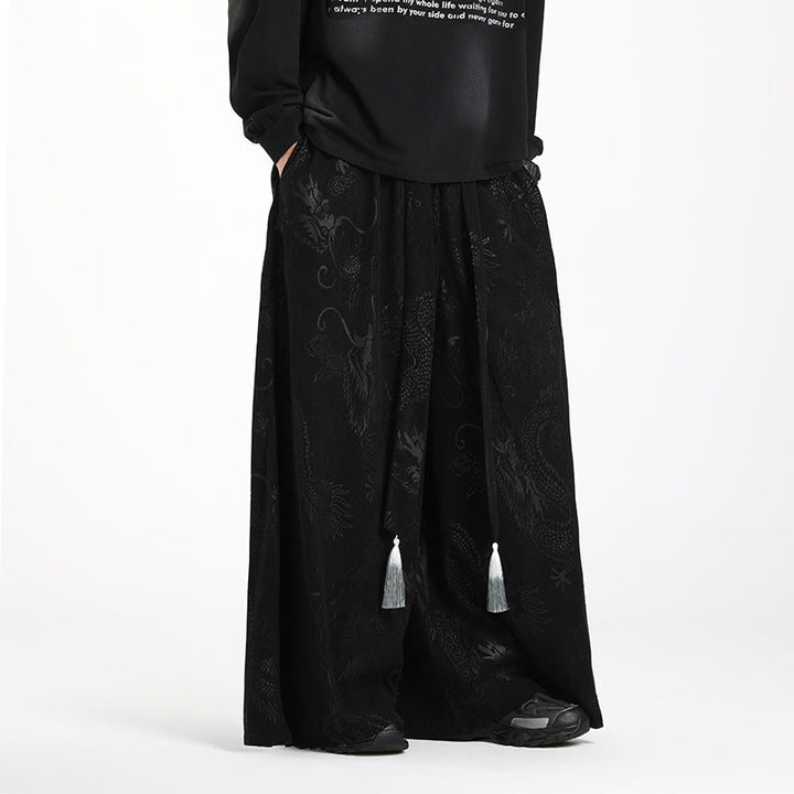 Buddha Stonesドラゴン ジャカード ドローストリングデザイン メンズ コーデュロイ ワイドレッグパンツ ポケット付き - image 13