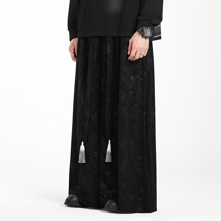 Buddha Stonesドラゴン ジャカード ドローストリングデザイン メンズ コーデュロイ ワイドレッグパンツ ポケット付き - image 10