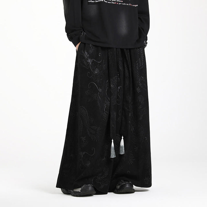Buddha Stonesドラゴン ジャカード ドローストリングデザイン メンズ コーデュロイ ワイドレッグパンツ ポケット付き - image 9