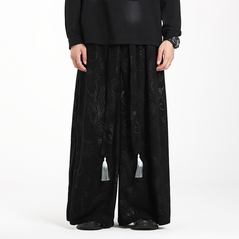 Buddha Stonesドラゴン ジャカード ドローストリングデザイン メンズ コーデュロイ ワイドレッグパンツ ポケット付き - image 16