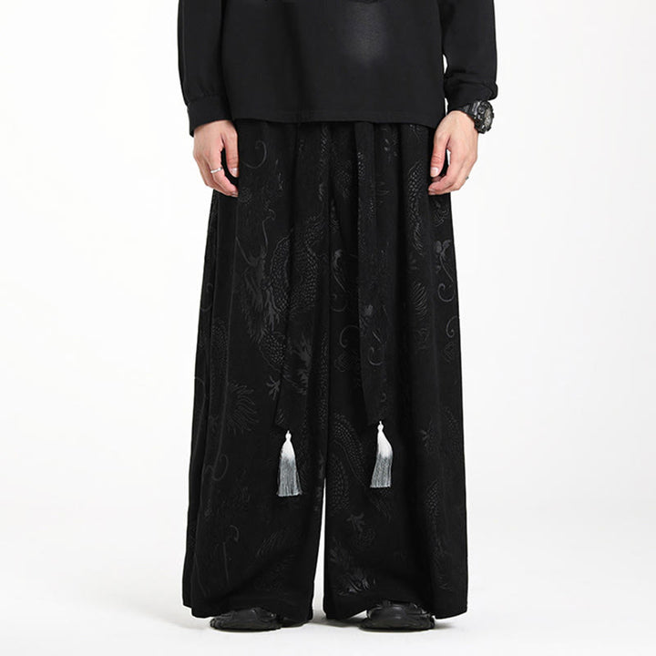 Buddha Stonesドラゴン ジャカード ドローストリングデザイン メンズ コーデュロイ ワイドレッグパンツ ポケット付き - image 16
