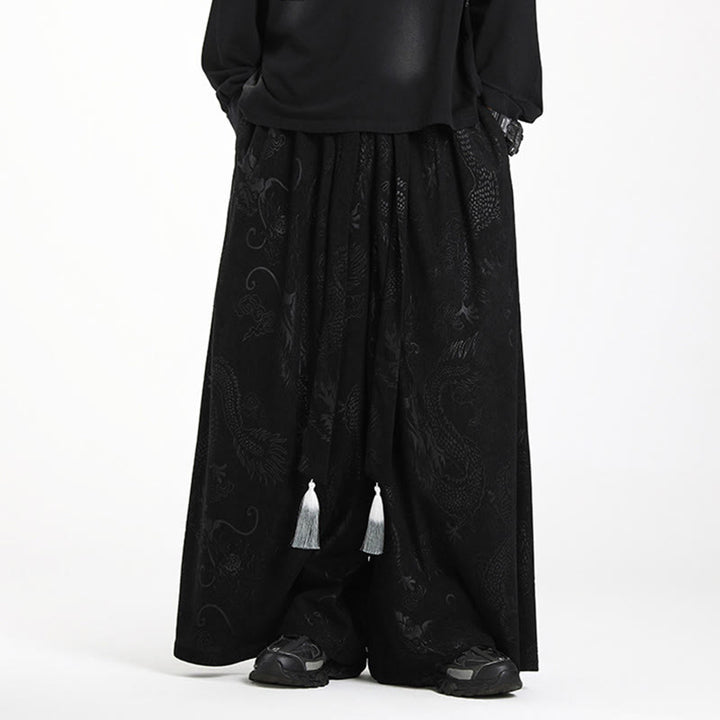 Buddha Stonesドラゴン ジャカード ドローストリングデザイン メンズ コーデュロイ ワイドレッグパンツ ポケット付き - 黒 - US/UK/AU46、 EU56 (5XL) - image 8