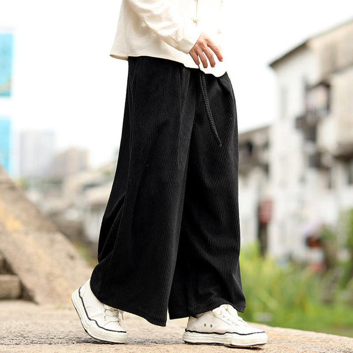 Buddha Stones秋冬 無地 ドローストリングデザイン メンズ コーデュロイ ワイドレッグパンツ ポケット付き - 黒 - US/UK/AU46、 EU56 (5XL) - image 6