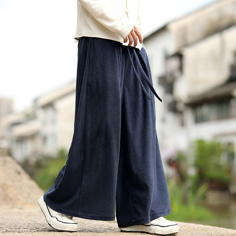 Buddha Stones秋冬 無地 ドローストリングデザイン メンズ コーデュロイ ワイドレッグパンツ ポケット付き - スチールブルー - US/UK/AU46、 EU56 (5XL) - image 0