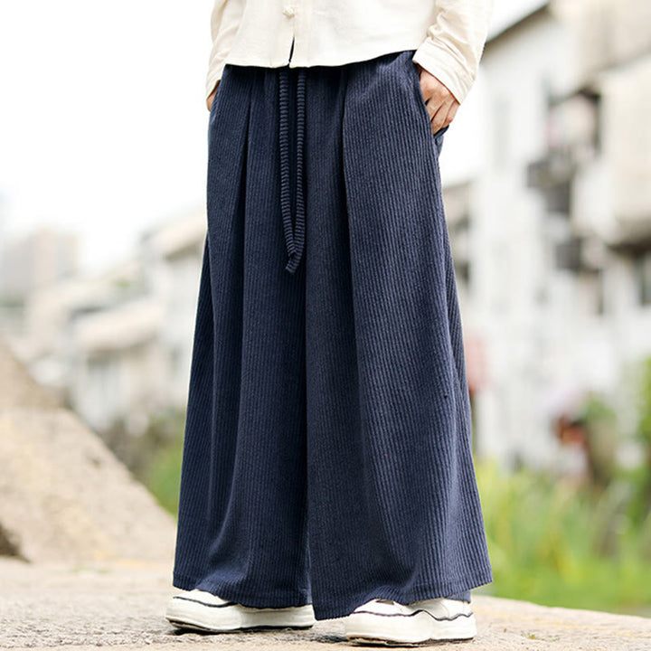 Buddha Stones秋冬 無地 ドローストリングデザイン メンズ コーデュロイ ワイドレッグパンツ ポケット付き - image 2