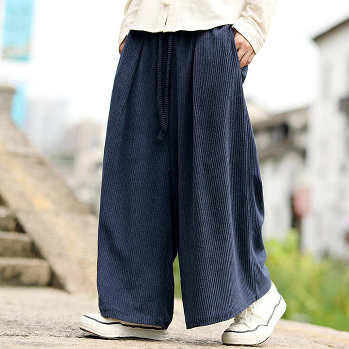 Buddha Stones秋冬 無地 ドローストリングデザイン メンズ コーデュロイ ワイドレッグパンツ ポケット付き - image 3