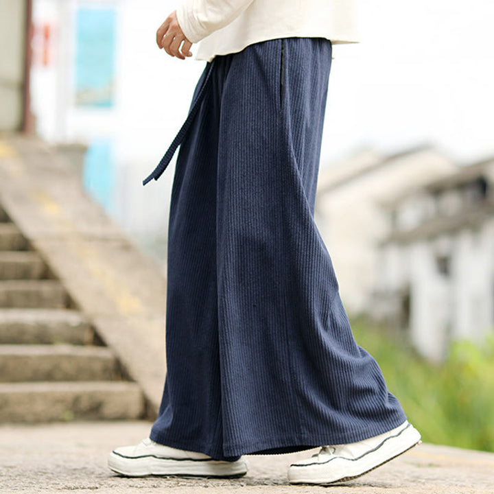 Buddha Stones秋冬 無地 ドローストリングデザイン メンズ コーデュロイ ワイドレッグパンツ ポケット付き - image 4