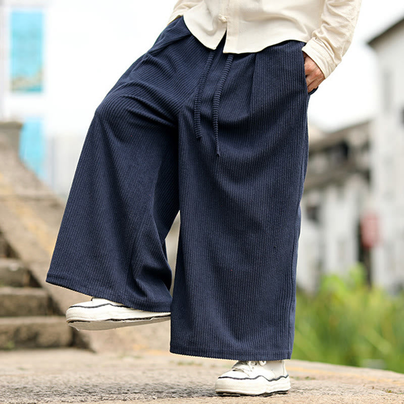 Buddha Stones秋冬 無地 ドローストリングデザイン メンズ コーデュロイ ワイドレッグパンツ ポケット付き - image 5