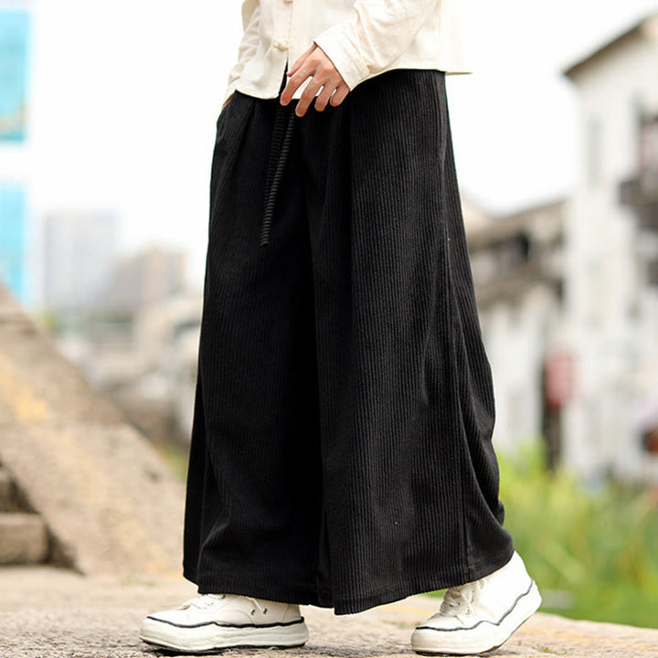 Buddha Stones秋冬 無地 ドローストリングデザイン メンズ コーデュロイ ワイドレッグパンツ ポケット付き - image 11