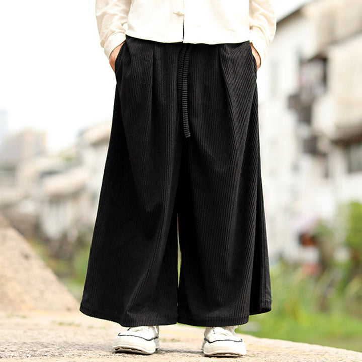 Buddha Stones秋冬 無地 ドローストリングデザイン メンズ コーデュロイ ワイドレッグパンツ ポケット付き - image 7