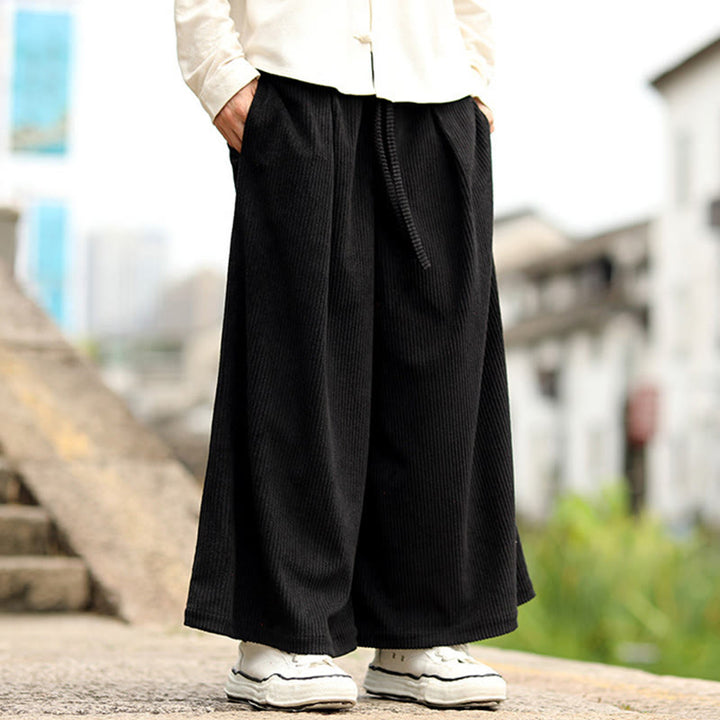 Buddha Stones秋冬 無地 ドローストリングデザイン メンズ コーデュロイ ワイドレッグパンツ ポケット付き - image 8