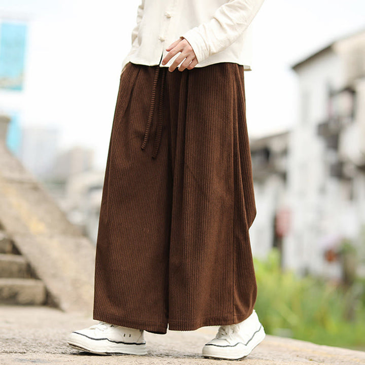 Buddha Stones秋冬 無地 ドローストリングデザイン メンズ コーデュロイ ワイドレッグパンツ ポケット付き - image 16