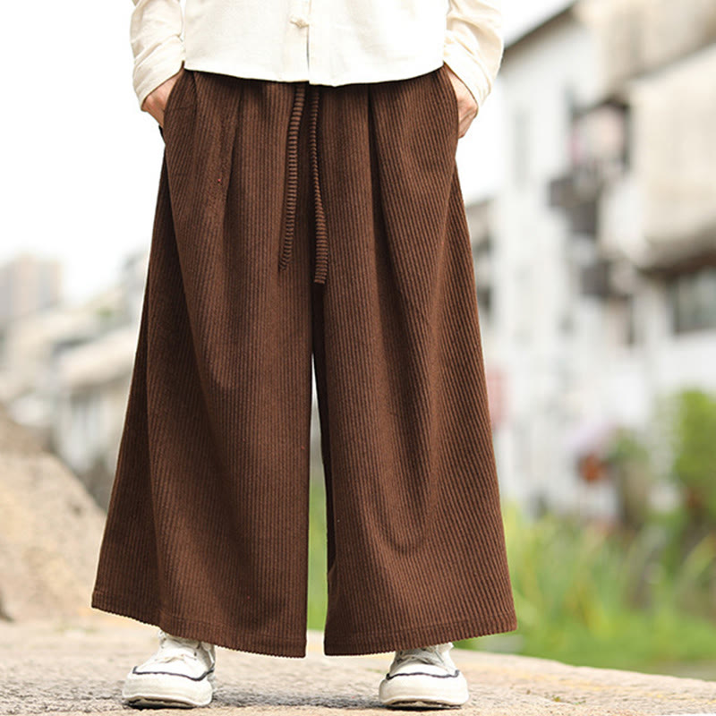 Buddha Stones秋冬 無地 ドローストリングデザイン メンズ コーデュロイ ワイドレッグパンツ ポケット付き - image 15