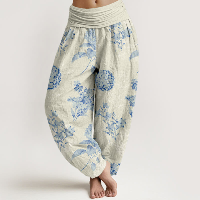 Buddha Stonesコットン リフレッシュ アジサイ クラスターフラワー柄 レディース 伸縮性ウエスト ハーレムパンツ - ベージュ - US16、 UK/AU20、 EU48 (3XL) - image 0