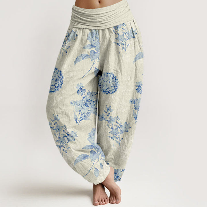 Buddha Stonesコットン リフレッシュ アジサイ クラスターフラワー柄 レディース 伸縮性ウエスト ハーレムパンツ - ベージュ - US16、 UK/AU20、 EU48 (3XL) - image 0