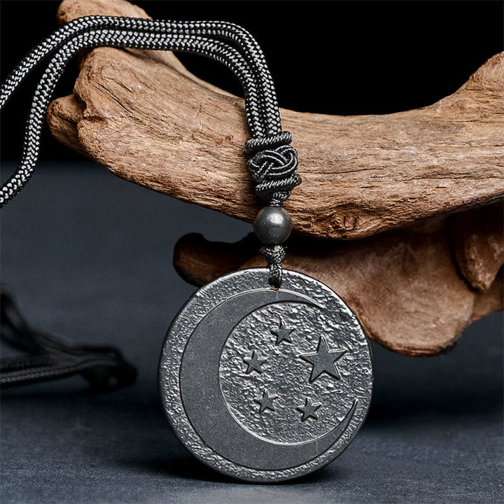 Buddha Stones月 星 ラウンドデザイン 本物のシュンガイト石 守護ネックレス ペンダント - image 1