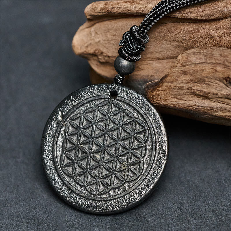 Buddha Stonesフラワーオブライフ彫刻デザイン本物のシュンガイトストーンプロテクションネックレスペンダント - image 1