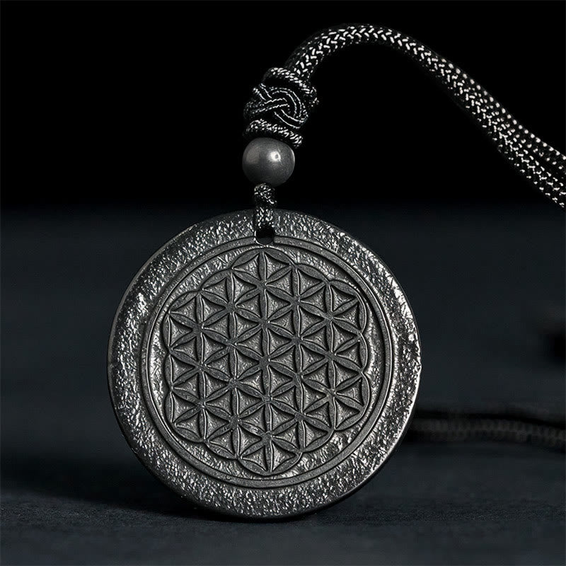 Buddha Stonesフラワーオブライフ彫刻デザイン本物のシュンガイトストーンプロテクションネックレスペンダント - 生命の花（レリーフ彫刻） - 35-40mm - image 0