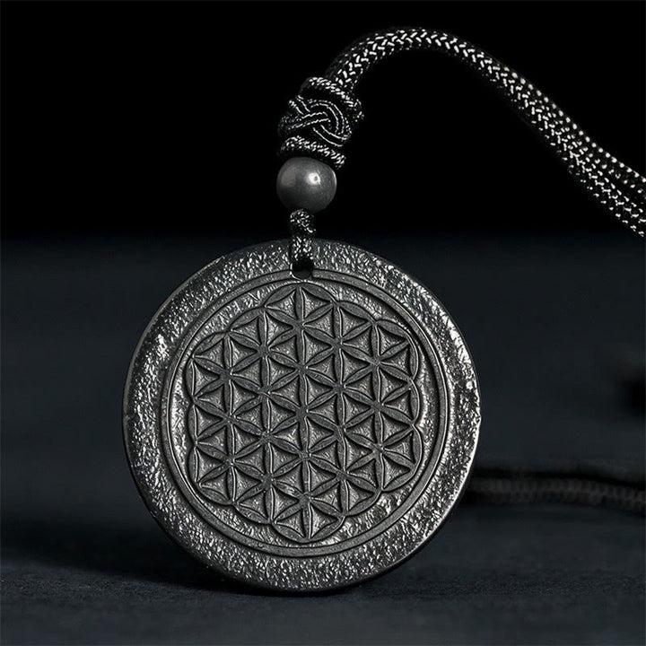 Buddha Stonesフラワーオブライフ彫刻デザイン本物のシュンガイトストーンプロテクションネックレスペンダント - 生命の花（レリーフ彫刻） - 35-40mm - image 0