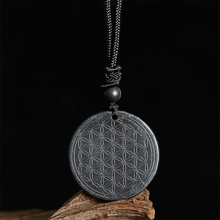Buddha Stonesフラワーオブライフ彫刻デザイン本物のシュンガイトストーンプロテクションネックレスペンダント - image 11