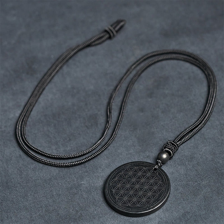 Buddha Stonesフラワーオブライフ彫刻デザイン本物のシュンガイトストーンプロテクションネックレスペンダント - image 14
