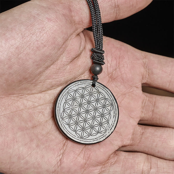 Buddha Stonesフラワーオブライフ彫刻デザイン本物のシュンガイトストーンプロテクションネックレスペンダント - image 12