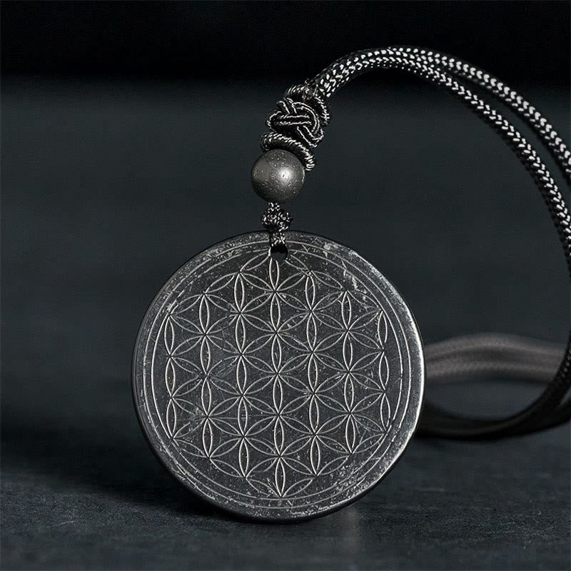 Buddha Stonesフラワーオブライフ彫刻デザイン本物のシュンガイトストーンプロテクションネックレスペンダント - 生命の花（凹版彫刻） - 35-40mm - image 9