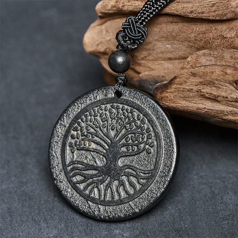 Buddha Stones生命の樹の彫刻模様 本物のシュンガイト石 守護ネックレスペンダント - image 1